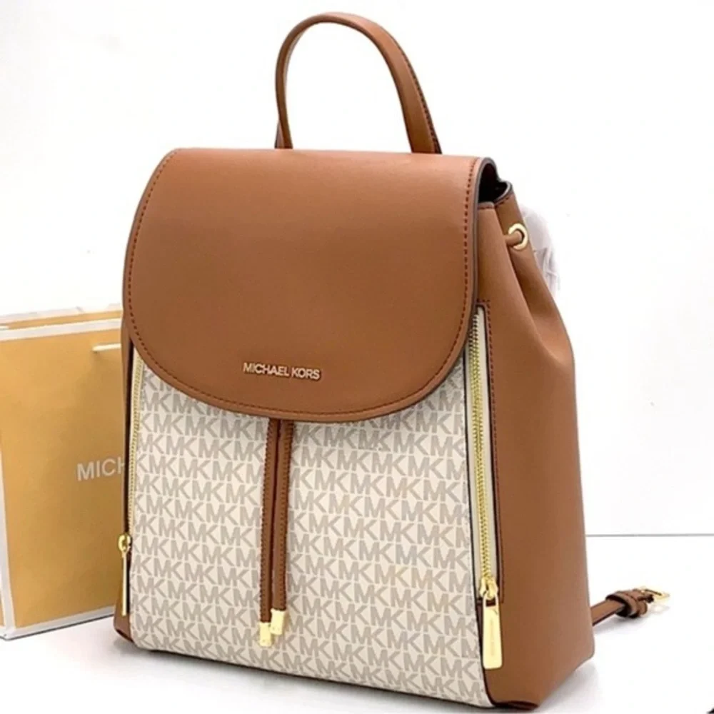 Michael Kors Phoebe 35F2G8PB2B Flap Drawstring Backpack Vanilla Signature NWT